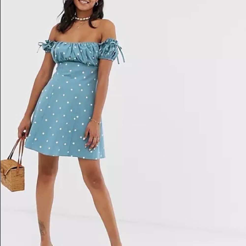 ASOS DESIGN off shoulder mini sundress with ruched bust in spot print